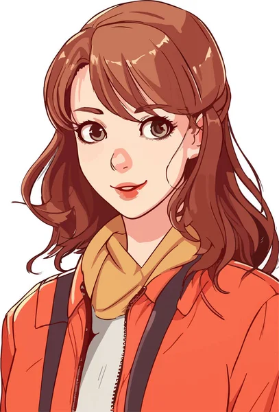 一个留着长发和红色夹克的年轻女子的肖像 矢量图解 卡通风格 — 图库矢量图片