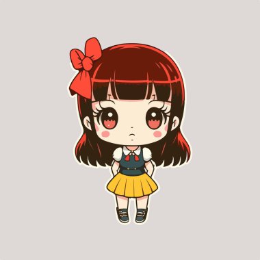Kırmızı tişörtlü tatlı anime kız. 