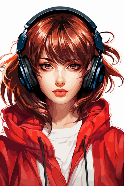 Mädchen Mit Roten Kopfhörern — Stockvektor