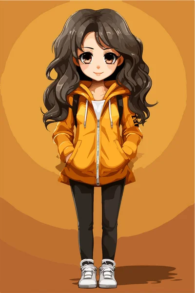 Cute Cartoon Girl Wearing Yellow Hoodie — Stock Vector