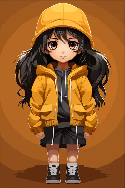 一个身穿橙色帽衫 头戴黑色帽子的年轻亚洲女孩 — 图库矢量图片