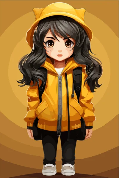 Ein Mädchen Einem Gelben Mantel Mit Einem Rucksack — Stockvektor
