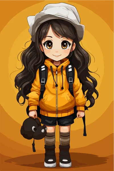 Vector Cartoon Cute Young Girl Wearing Backpack Hat Her Backpack — Stock Vector