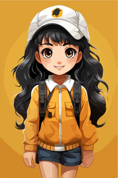 Vector Cute Cartoon Girl Yellow Cap Backpack — Stock Vector
