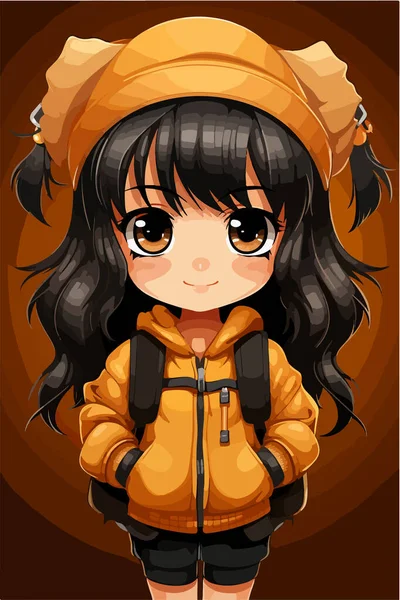 オレンジのジャケットの漫画のキャラクターが付いているかわいい少女 — ストックベクタ