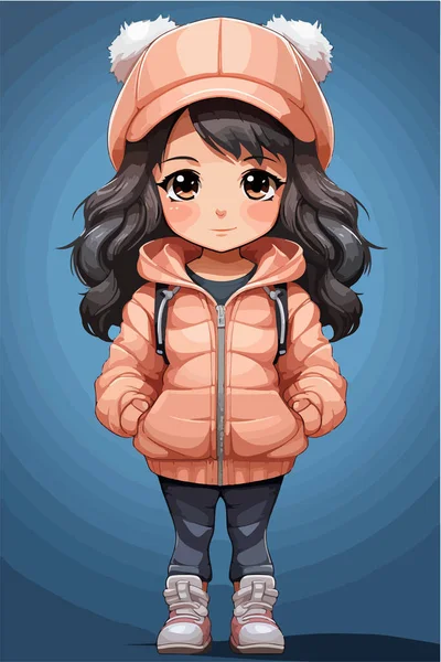 Süße Asiatische Mädchen Winterkleidung Vektorillustration Zeichentrickfigur — Stockvektor