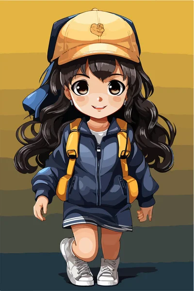 バックパックと帽子を持つ少女のベクターイラスト — ストックベクタ