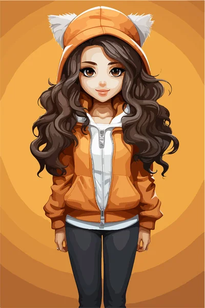 Vector Illustration Cute Cartoon Little Girl Orange Hair Brown Coat — Stock Vector
