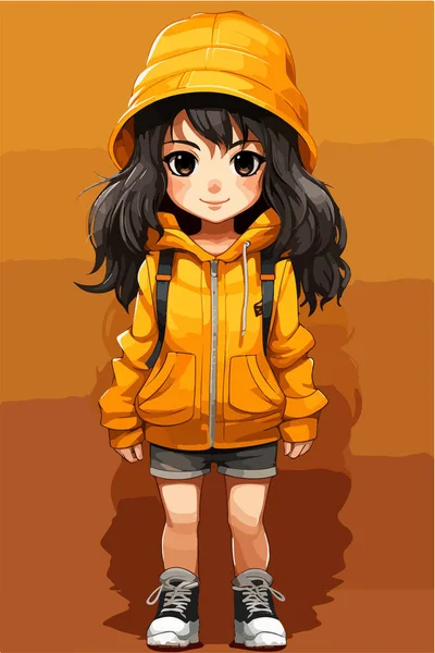 Vecteur Mignon Asiatique Petite Fille Portant Veste Orange Chapeau Noir — Image vectorielle