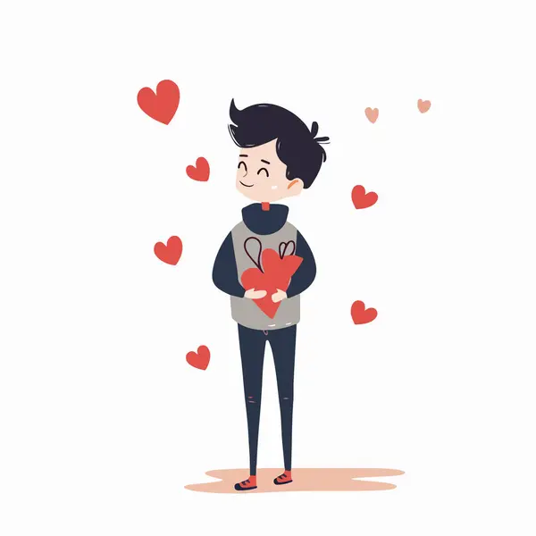 Šťastný Valentýn Mladý Muž Neformálních Šatech Velkým Červeným Srdcem Vektorová — Stockový vektor