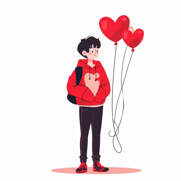 Νεαρό Αγόρι Που Κρατά Μπαλόνι Καρδιά Και Κόκκινο Σχήμα Καρδιάς — Διανυσματικό Αρχείο