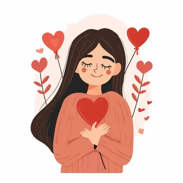 Menina Feliz Com Coração Nas Mãos Dia Dos Namorados Ilustração — Vetor de Stock