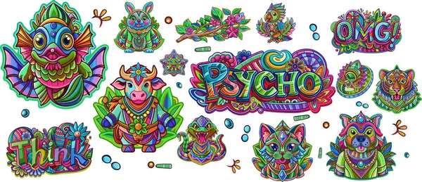 Набор Психоделических Персонажей Элементов Кролик Рыба Змея Кошка Собака Корова — стоковый вектор