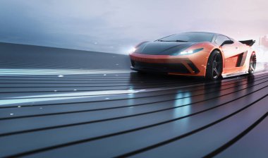 Arka planda şehir olan bir yarış pistinde giden bir spor araba.