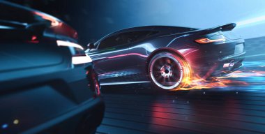 Parlak bir ışıkla otoyolda giden bir araba.