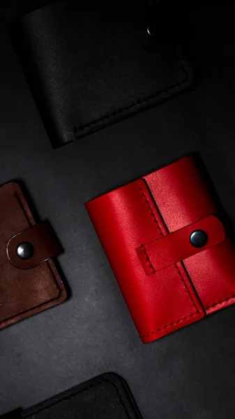 Set Handmade Leather Wallets Black Brown Red Leather Craft Mens — Stok fotoğraf