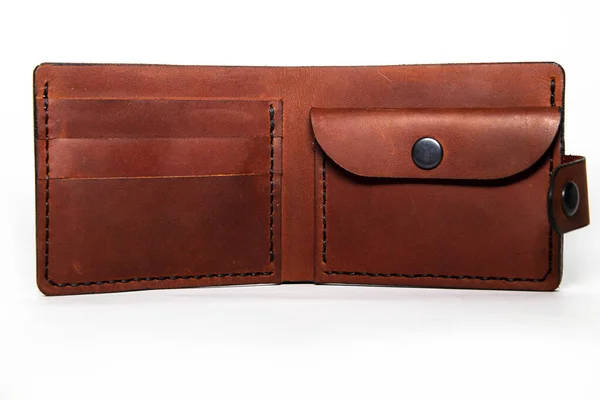 Close Handmade Leather Wallet Classic Brown Leather Craft — 图库照片
