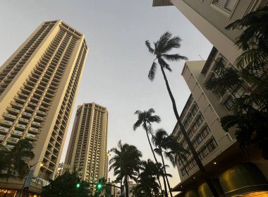 Looking up at buildings along Kapiolani Boulevard in Honolulu near the Ala Moana Hotel.
