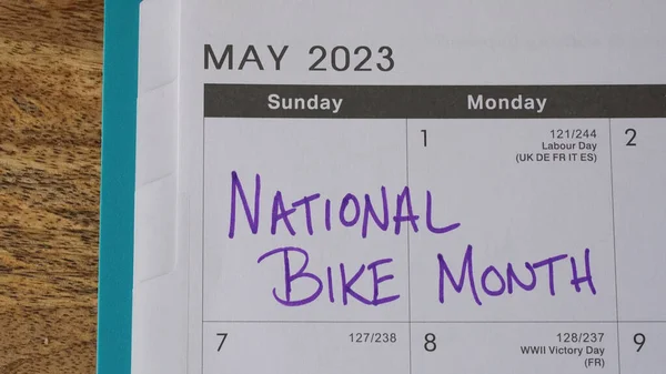 National Bike Month written on a May 2023 calendar. Established in 1956, National Bike Month is a chance to showcase the many benefits of bicycling  and encourage more folks to giving biking a try.