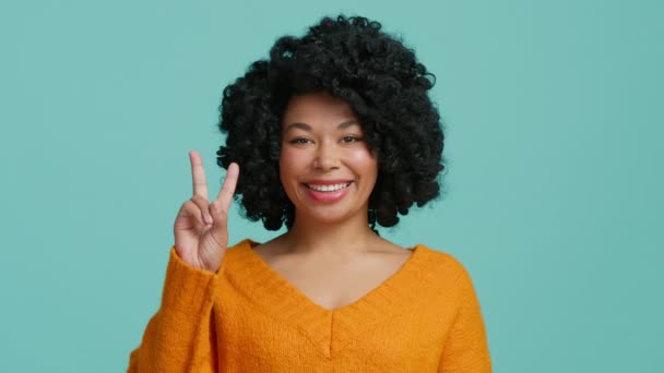 Glad Leende Glad Afroamerikansk Kvinna Gesturing Sign Ler Mot Kameran — Stockvideo