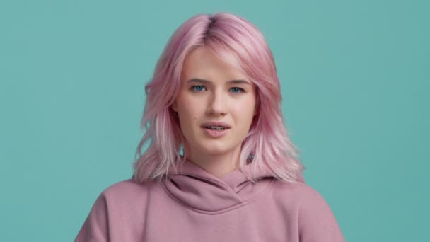 Slow Motion Displeased Young Student Hipster Girl Pink Hair Wearing — Stock Video