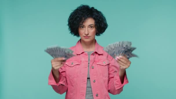 Curly Female Investor Rejoice Getting Real Payment Dollars Currency Win — Stock Video