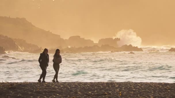 Sahildeki Rüzgarlı Havada Kumlu Sahilde Yürüyen Iki Kişinin Siluetleri Monterey — Stok video