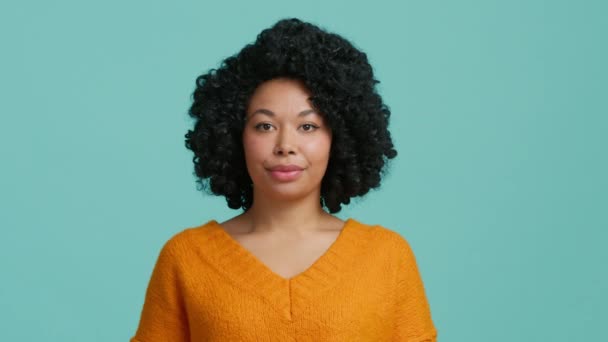 Güzel Modaya Uygun Afro Amerikan Kadın Portresi Kameraya Gülümseyen Kendine — Stok video