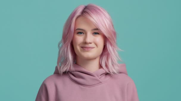 Slow Motion Portrait Young 20S Student Woman Stylish Pink Color — Stock Video