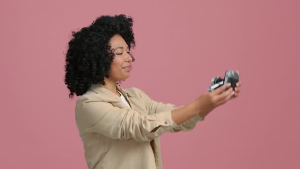 African American Woman Analog Camera Making Selfie Photo Studio Concept — Vídeo de Stock