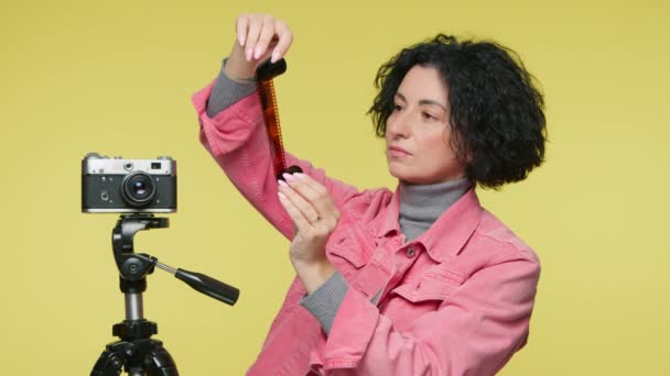 Portrait Creative Photographer Photo Studio Developing Analog Camera Film Smiling — Vídeos de Stock