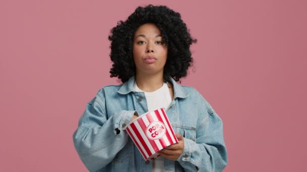 African American Woman Curly Hair Sad Popcorn Has Ended Basket — Video Stock