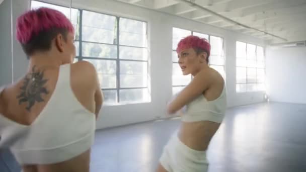 Beautiful Woman Dancing Front Mirror Wall Enjoying Workout Practicing Modern — Stockvideo