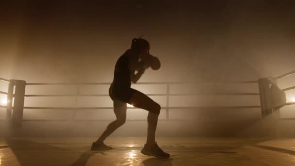Close View Strong Female Kickboxer Punching Kicking Air Caucasian Sportswoman — Stock video