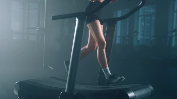 美しい 心血管のワークアウトのためのトレッドミル装置を使用してアクティブな女性選手 室内でジョギングをするスポーティ 白人女性のクローズアップビュー 高品質4K映像 — ストック動画