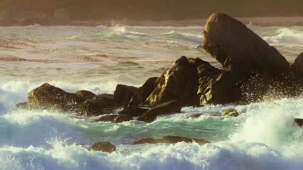 太平洋の波が鋭く湿った海の崖の岩の上で砕け 映画のような黄金の日没に白い閃光があります 西海岸の岩だらけの海岸のスローモーションの背景映像 Usa — ストック動画