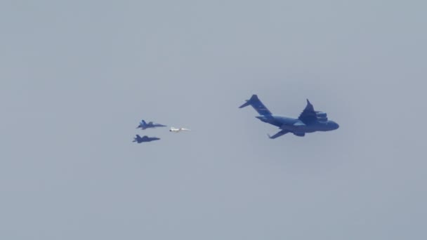 Distant View Fighters Jets Flying Black Bombardier Plane Low Speed — Video