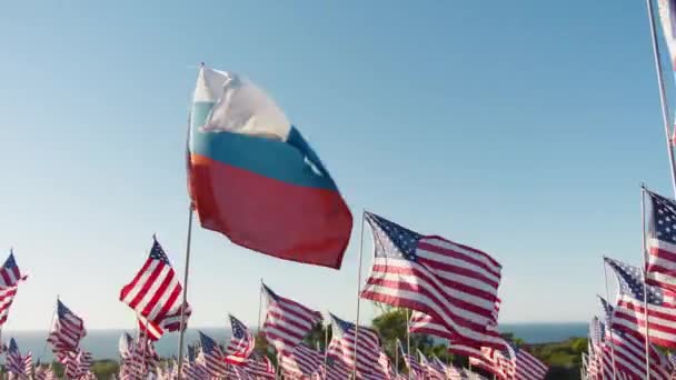 Флаг Российской Федерации Окруженный Флагами Сша Визуализирует Оппозицию Украинской Войне — стоковое видео
