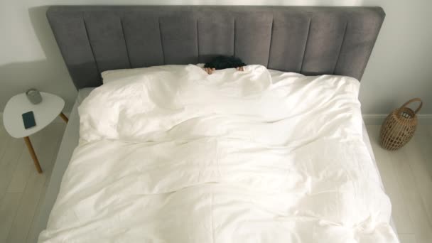 Top View Woman Color Enjoying Sunny Morning Comfortable Bed Hotel — Vídeo de stock
