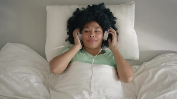 Stylish Woman Color Listening Music Headphones Dancing Slow Motion Pretty — Stockvideo