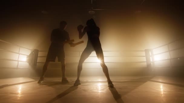 Silhouettes Man Woman Having Intensive Workout Indoors Close View Female — Vídeo de Stock