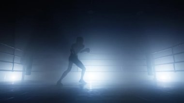 Close-up shot of active, female boxer punching and kicking in the air. Unrecognized girl having intensive workout at boxing club alone. High quality 4k footage cold blue purple silver foggy back light