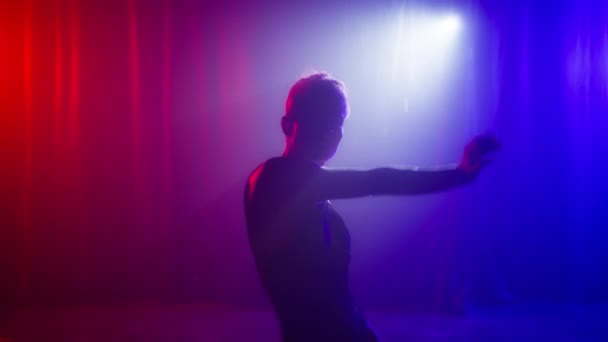 Dark Silhouette Elegant Girl Dancing Slowly Red Blue Neon Lights — Stockvideo