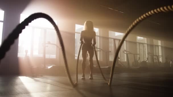 Close View Sporty Woman Performing Battle Ropes Exercises Indoors Workout — Video Stock
