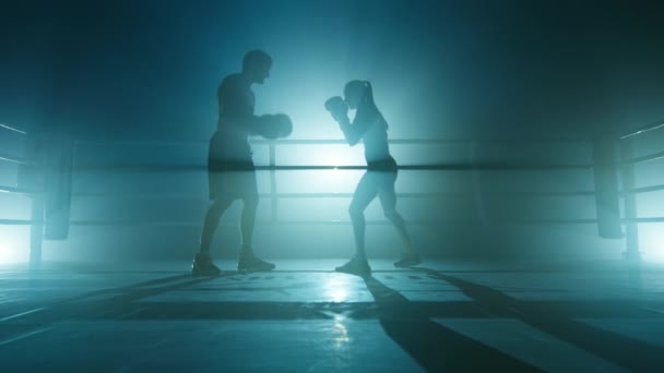 Silhouette Strong Female Kickboxer Punching Kicking Boxing Ring Close Shot — Stockvideo