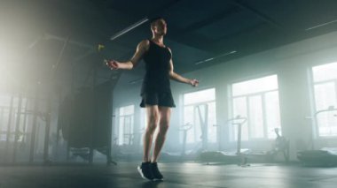 Close-up view of active sportsman looking focused while jumping with rope. Portrait of young caucasian man boosting heart health and improving coordination. High quality 4k footage