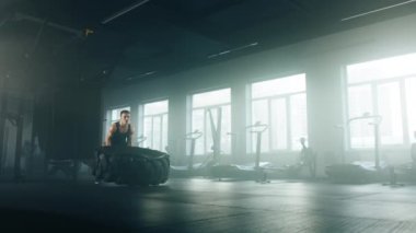 Portrait of a handsome, caucasian guy using heavy rubber to gain lean body muscles. Close-up view of active sportsman looking focused while moving the weights. High quality 4k footage