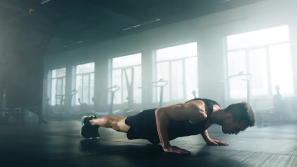 Portrait Active Athlete Doing Set Exercises Arms Back Strength Close — Stok video
