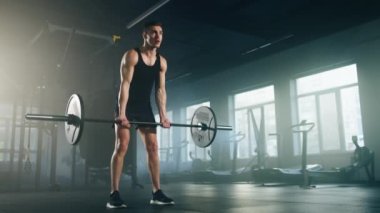 Active sportsman in black sportswear having intensive training indoors. Close-up shot of athlete lifting a barbell with both hands to build muscles. High quality 4k footage