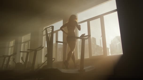 对穿着运动服的职业女运动员在有氧运动器械上锻炼的回顾 活泼的女孩挑战她的身体体重减轻和肌肉力量 高质量的4K镜头 — 图库视频影像